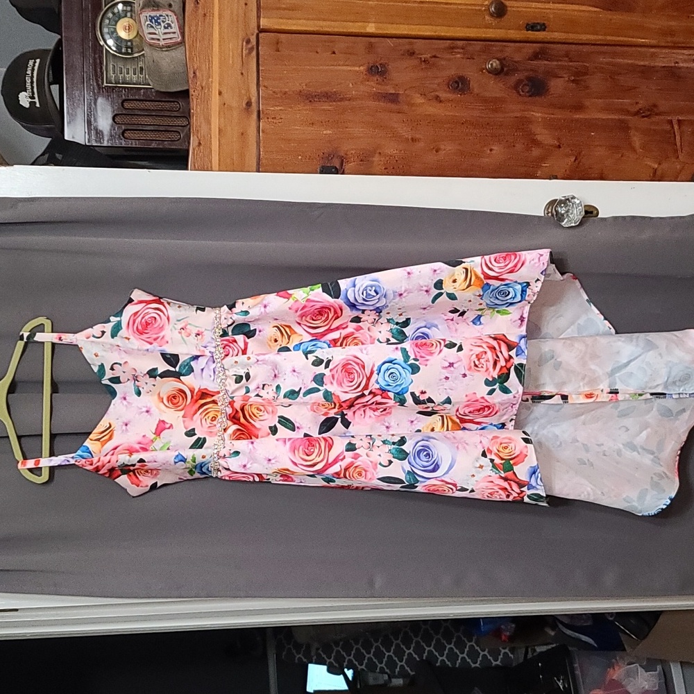 Rare Editions Girls Dress High-Low Vibrant Floral Jewelry Waist Ties Size 14 EUC
